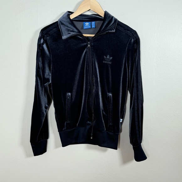 adidas Originals Navy Velour Track Jacket Embossed Trefoil Women’s S - Picture 3 of 5